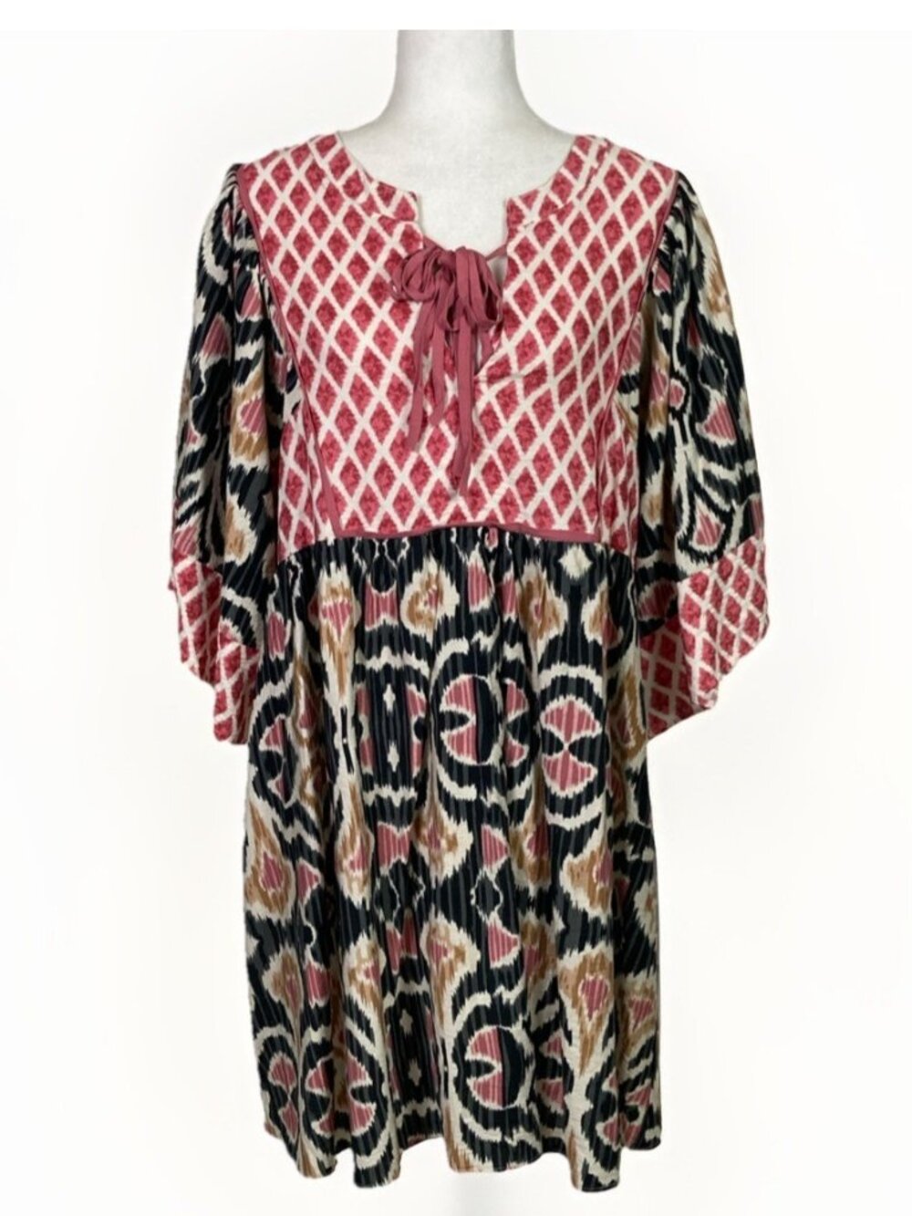 Umgee Sz L Southwest Print Dress Wide Sleeve V-Neck Boho Knee Length Western NEW